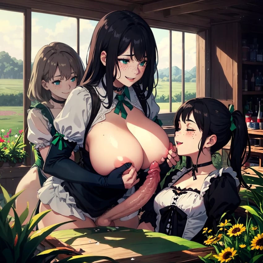 3futas age_difference ai_generated augusta_weisshorn blonde_hair brown_hair closed_eyes daughter dirndl enjuuji female freckles futa_milf futa_on_female futanari green_eyes group huge_breasts incest johanna_weisshorn large_breasts lauran_hesselberg long_penis meadow mostly_nude mother mother_and_daughter nude nude_futanari parent parent_and_child plant ponytail smile smiling sunflower