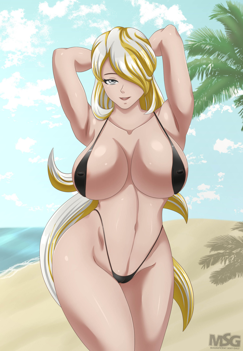 1girls arms_behind_head beach big_breasts bikini bikini_bottom bikini_top busty child_bearing_hips cogita_(pokemon) cynthia_(pokemon) female fusion fusion_character gold_hair golden_hair large_breasts legs long_hair magnificentsexygals navel pokemon pokemon_dppt pokemon_legends:_arceus ponytail pose posing seductive_smile sensual sexy_armpits silver_hair smile smiling_at_viewer thick_thighs thighs two-tone_hair voluptuous