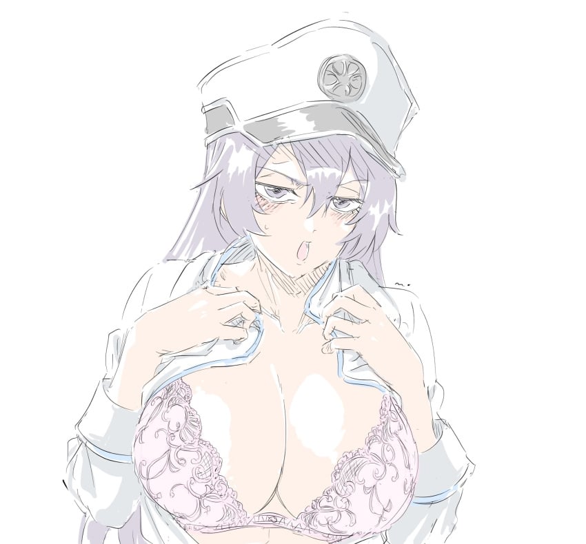 1girls bambietta_basterbine big_breasts black_hair bleach bleach:_the_thousand-year_blood_war blush bra breasts breasts_out cleavage embarrassed exposed_breasts female female_only hat lingerie mi_(artist) open_clothes open_shirt quincy_(bleach) solo sternritter tsundere white_background