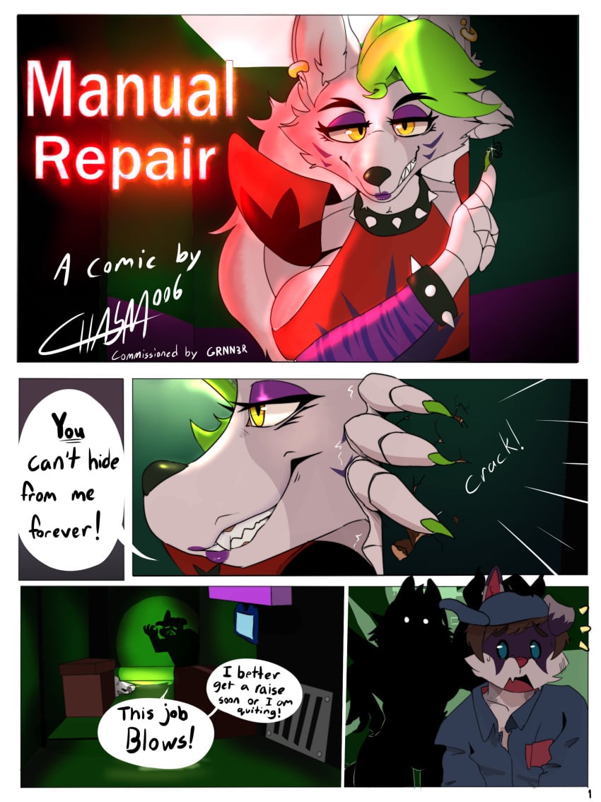 2022 absurd_res animatronic anthro breasts canid canine canis chasm006 collar comic conditional_dnp dialogue digital_media_(artwork) domestic_dog dramatic_lighting duo ear_piercing ear_ring english_text ethan_(grinn3r) female five_nights_at_freddy's five_nights_at_freddy's:_security_breach furry hi_res husky machine male male/female mammal nordic_sled_dog piercing ring_piercing robot roxanne_wolf_(fnaf) scottgames side_boob side_view silhouetted_body simple_background speech_bubble spikes spitz steel_wool_studios text title_card