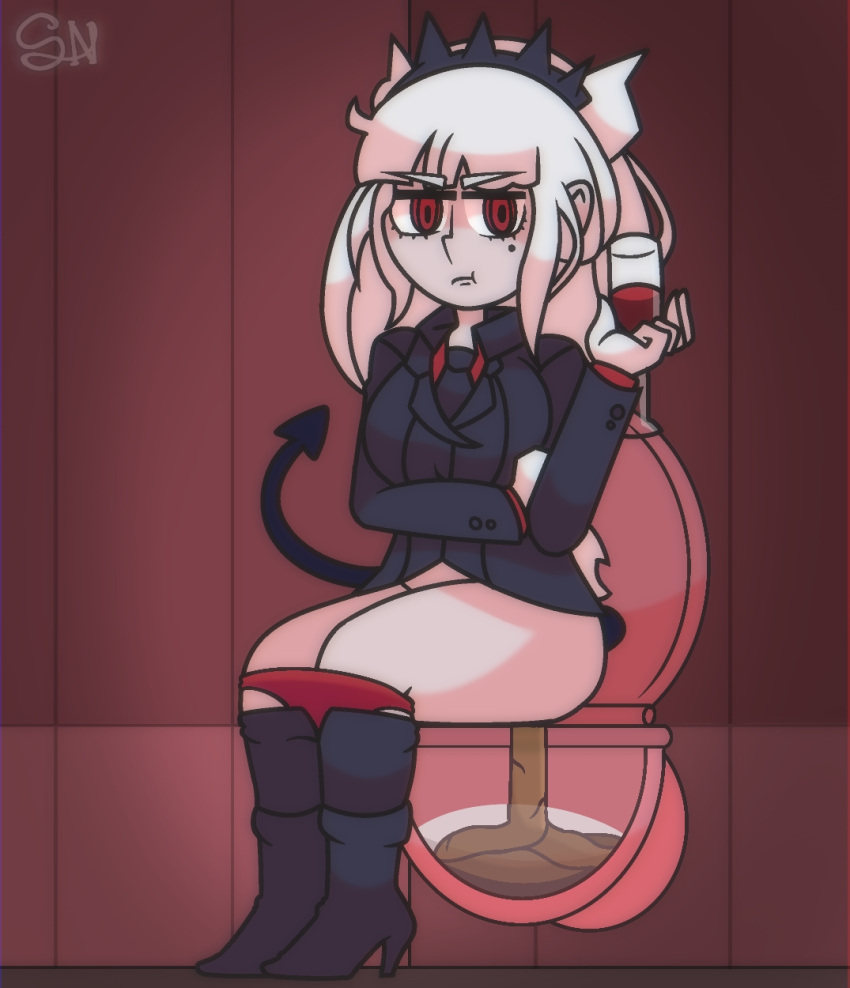 demon demon_girl demon_tail helltaker knee_high_boots lucifer_(helltaker) namie(scat) pooping red_eyes red_panties scat sillynamie sumnamie tail toilet toilet_use white_gloves white_hair wine