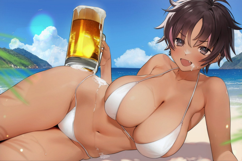 1girls :d bare_shoulders beach beer_mug bikini blue_sky blush bon_(bon73p) bon_(vtuber) breasts brown_hair cleavage cloud collarbone cup dark-skinned_female dark_skin ear_piercing earrings female fish_bone_earrings foam_on_body foam_on_face grey_eyes hair_between_eyes highres holding holding_cup huge_breasts indie_virtual_youtuber jewelry kuma_4go looking_at_viewer lying mountainous_horizon mug multicolored_hair oerba_yun_fang on_side open_mouth outdoors piercing pink_hair second-party_source short_hair sky smile solo streaked_hair sweat swimsuit thick_thighs thighs virtual_youtuber water white_bikini