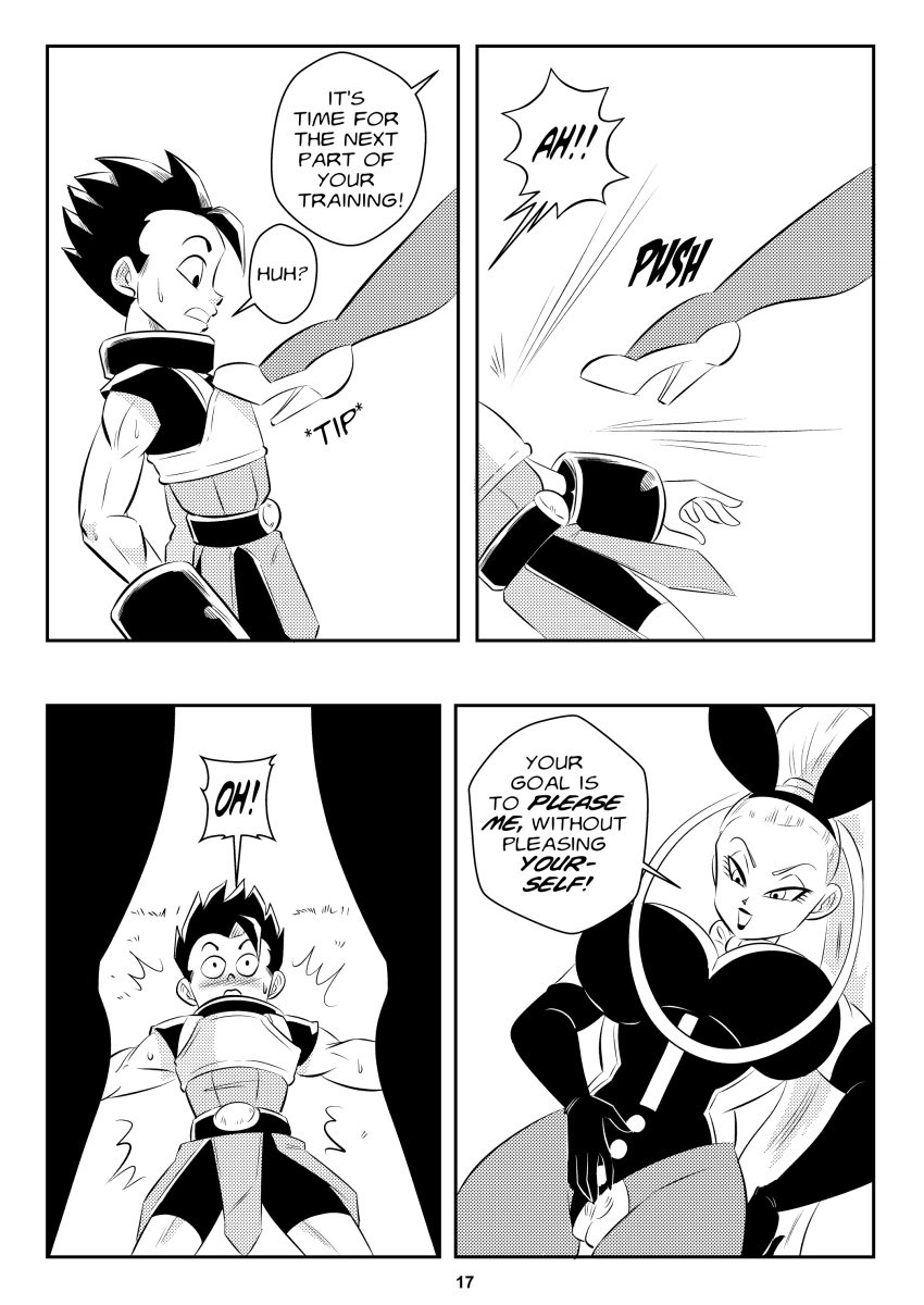 angel_(dragon_ball) big_breasts bunnysuit cabba comic dragon_ball dragon_ball_super femdom funsexydragonball gentle_femdom high_heels kicking page_17 ponytail teasing vados