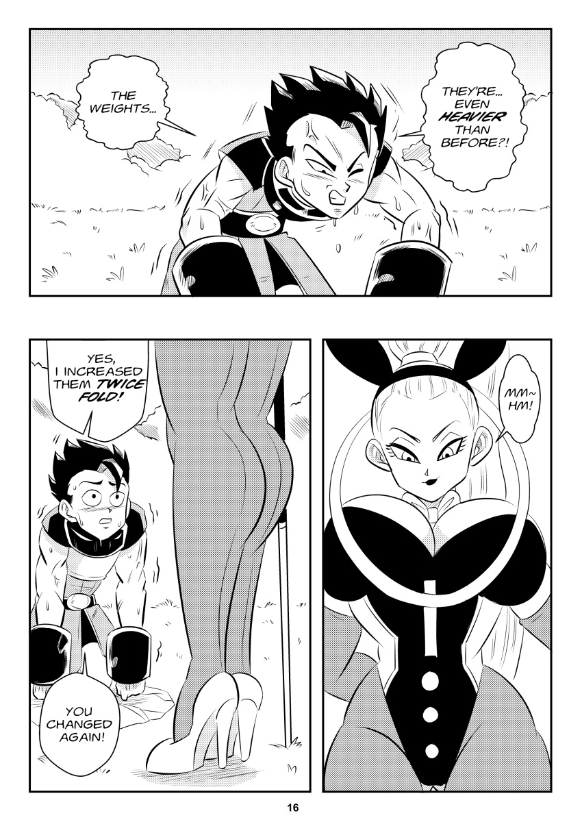 cabba comic dragon_ball dragon_ball_super english_text funsexydragonball high_heels large_breasts long_hair page_16 tagme training_weights vados