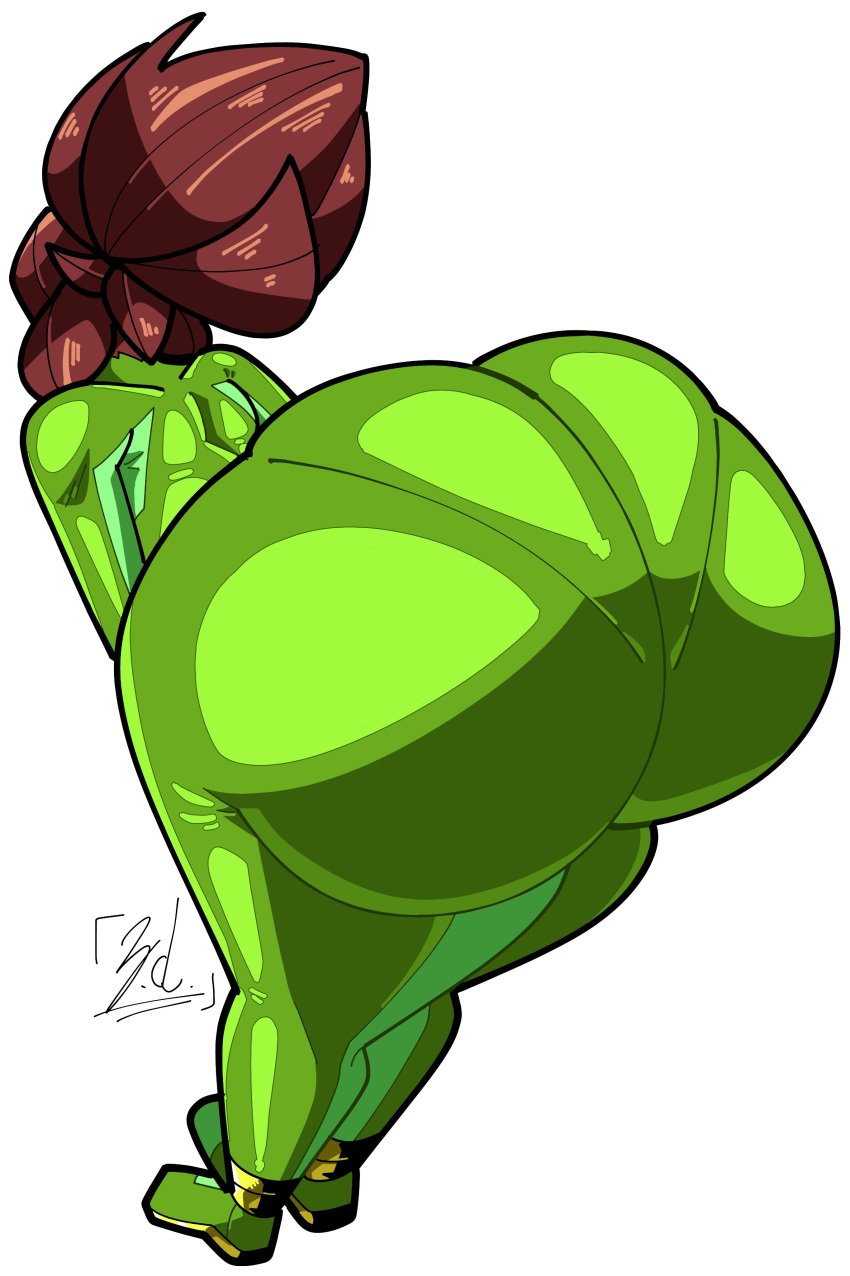 1girls 2023 artist_signature ass ass_focus back_view bent_over big_ass bodysuit bottom_heavy brown_hair dat_ass emerald_rush_(zoruadrawsstuff) fat_ass female female_focus fully_clothed gigantic_ass green_bodysuit huge_ass large_ass oc original original_character presenting_hindquarters rear_view short_hair solo solo_focus superhero_costume superheroine white_background wide_hips zoruadrawsstuff