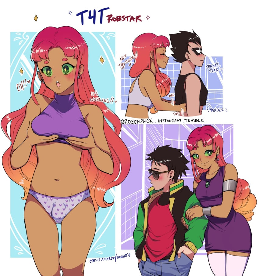 1boy 1futa alien alien_girl binder black_hair blush breasts childish_panties dc dc_comics dialogue dick_grayson dickgirl dress female futanari grabbing_own_breast green_eyes jacket long_hair love male mask panties red_hair robin_(dc) robin_(dick_grayson) rozenphox shirt shy starfire teen_titans wholesome