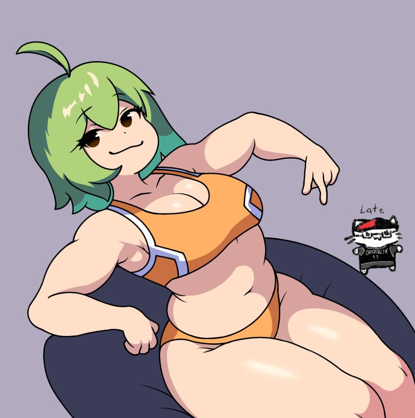 belly belly_button bikini breasts brown_eyes fl_chan fl_studio friday_night_funkin green_hair jonathanlate looking_at_viewer simple_background sitting smile smiling smiling_at_viewer thick_thighs underwear white_skin