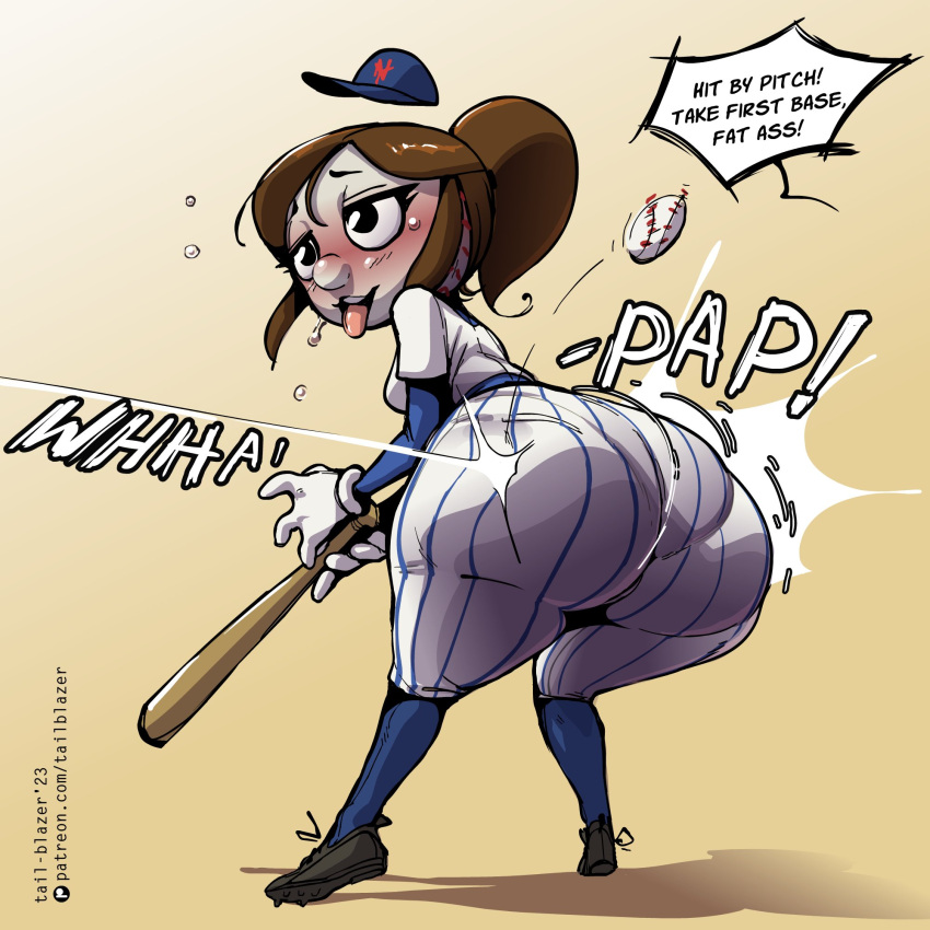 ahe_gao ass baseball baseball_bat baseball_cap baseball_uniform brown_hair mrs._met new_york_mets object_head solo_female tail-blazer