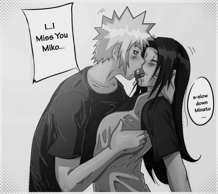 1boy 1boy1girl 1girls apron before_sex blush breast_grab closed_eyes clothing english_text female high_resolution indrockz indy_riquez kissing long_hair lovers male milf monochrome mother namikaze_minato naruto naruto_(series) naruto_shippuden ntr shirt speech_bubble spiked_hair straight talking text tongue tongue_kiss tongue_out uchiha_mikoto