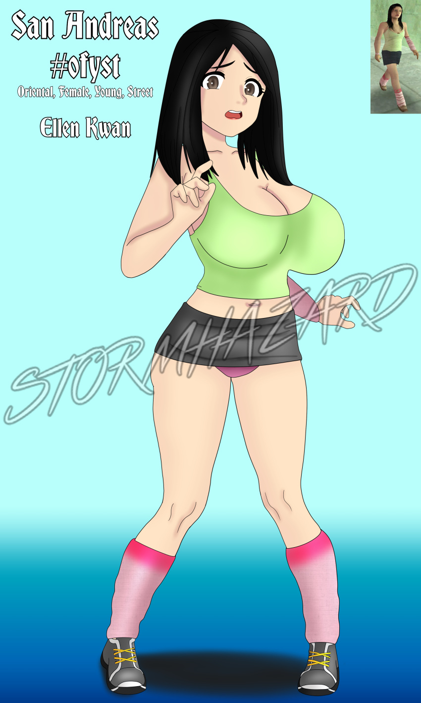 arm_warmers background_character black_hair breasts grand_theft_auto grand_theft_auto:_san_andreas huge_breasts large_breasts leg_warmers long_hair npc ofyst_(grand_theft_auto) shoes sneakers socks stormhazard tank_top thighs