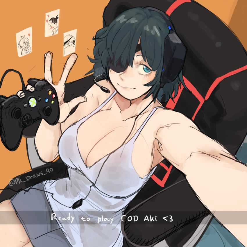 1girls big_breasts busty call_of_duty chainsaw_man cleavage female female_only hayakawa_aki himeno_(chainsaw_man) huge_breasts imminent_gaming light-skinned_female mappa peace_sign pk_draws_40 selfie shounen_jump streamer v voluptuous xbox xbox_controller