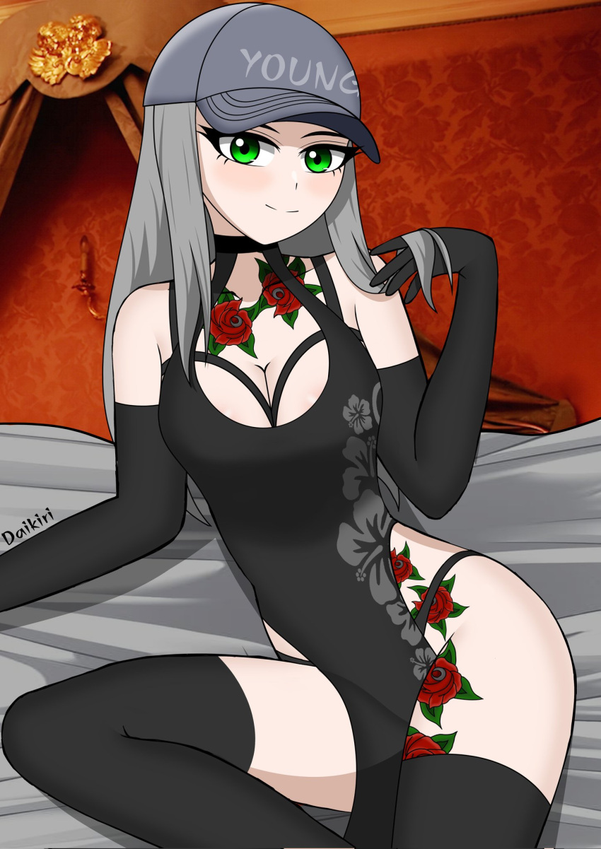 cap chigusa_(fortnite) choker daikiri_di_mon dress fortnite fortnite:_battle_royale green_eyes grey_hair looking_at_viewer on_bed rose_tattoo stockings tattoo tattoos