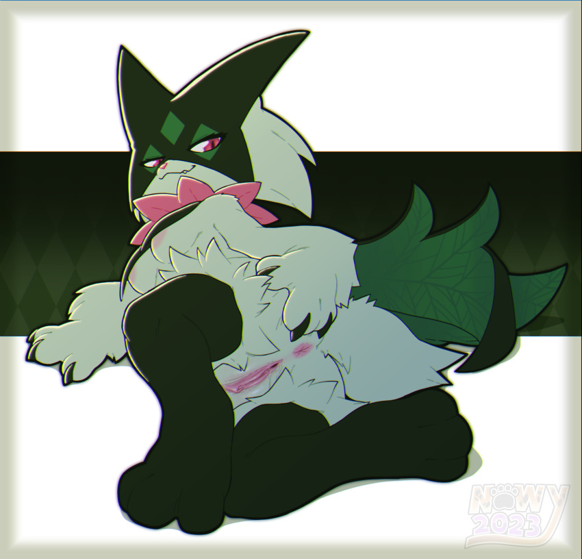 2023 3_fingers 3_toes anthro anus areola ass black_claws black_eyelashes black_legs black_pupils breasts claws digital_media_(artwork) eyelashes feet female fingers fur generation_9_pokemon genitals green_body green_fur hand_on_butt hand_on_own_butt hi_res looking_at_viewer looking_back looking_back_at_viewer lying meowscarada nintendo nipples nowykowski7 nude on_side pink_anus pink_areola pink_eyes pink_nipples pink_nose pink_pussy pokemon pokemon_(species) pokemon_sv presenting presenting_anus presenting_hindquarters presenting_pussy pupils pussy scut_tail short_tail small_breasts smile solo spread_butt spreading tail toes tuft watermark