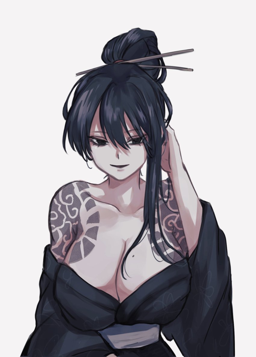 big_breasts black_eyes black_hair grin hair_ribbon kemono library_of_ruina looking_at_viewer project_moon sayo sayo_(library_of_ruina) tattoo