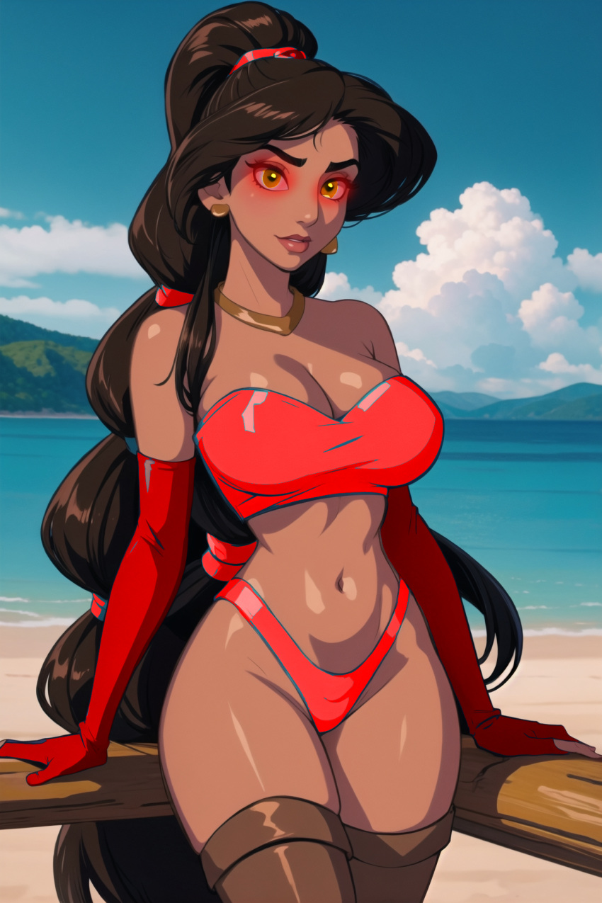 ai_generated aladdin alternate_costume bikini corruption disney disney_princess earrings edit evil_queen_jasmine glowing_eyes hypnosis long_hair midriff mind_control necklace princess_jasmine