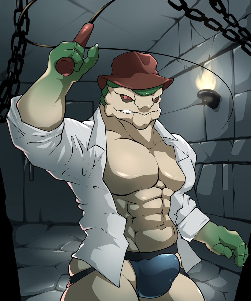 abs alien bulge clothed clothing detailed_background digital_media_(artwork) dominant flaccid front_view gay genitals grin happy hat headgear headwear hi_res jockstrap krogan maldu male mass_effect monster open_clothing open_shirt open_topwear pecs penis pose shaded shirt smile solo standing topwear underwear whip
