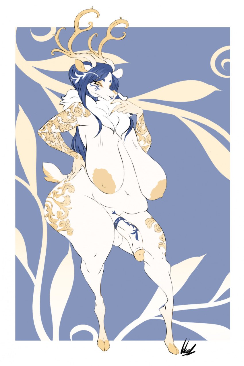 anthro antlers balls bedroom_eyes big_penis blue_hair breasts capreoline chubby_anthro chubby_gynomorph deer dullvivid fur genitals gold_markings gynomorph hair half-closed_eyes half-erect hi_res hooves horn huge_cock humanoid_genitalia humanoid_penis intersex long_hair mammal markings narrowed_eyes neck_tuft nude penis porcelain potbelly reindeer sagging_breasts seductive simple_background slightly_chubby smile smirk smug smug_face smug_grin solo thick_thighs tuft white_body white_fur wide_hips