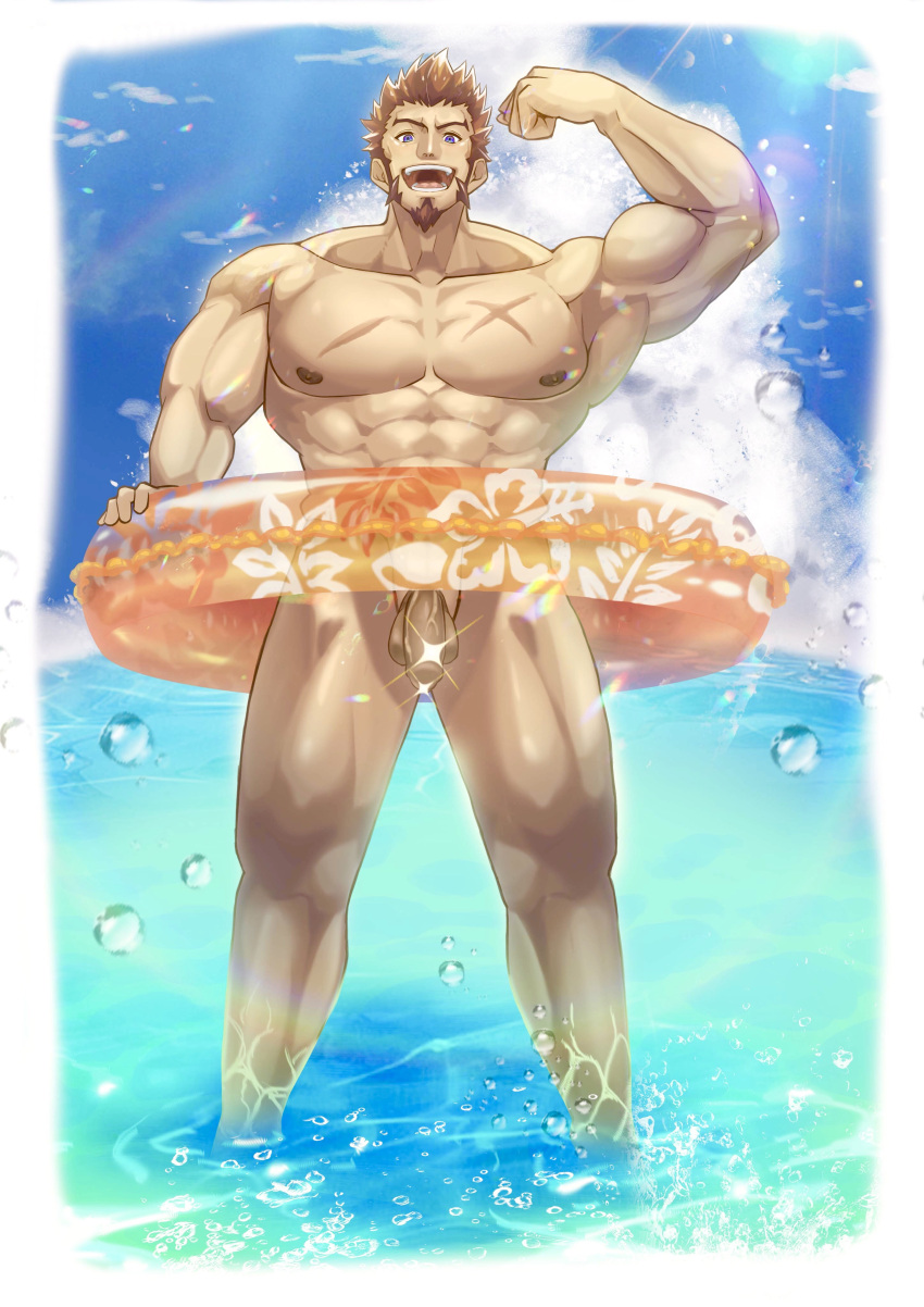 1boy :d abs absurdres alternate_pectoral_size bara beach biceps blue_eyes brown_hair bulge cross_scar day facial_hair fate/grand_order fate_(series) feet_out_of_frame flaccid flexing gatta_(gatta_reve_cat) goatee highres huge_pectorals long_sideburns looking_at_viewer male_focus male_swimwear mature_male muscular muscular_male napoleon_bonaparte_(fate) nipples ocean open_mouth outdoors pectorals penis scar scar_on_chest short_hair sideburns smile solo sparkle_censor standing stomach summer sunlight thick_thighs thighs veins veiny_penis water