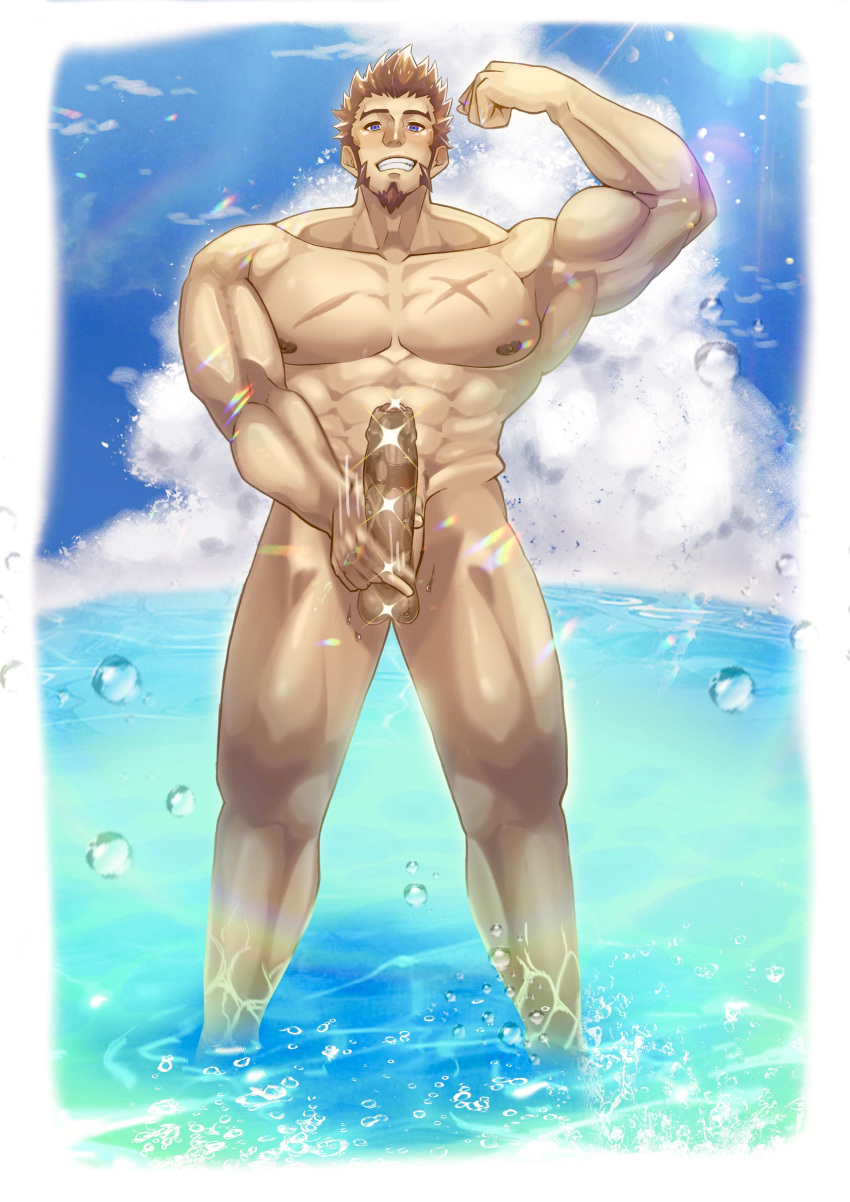 1boy :d abs absurdres alternate_pectoral_size bara beach biceps blue_eyes blush brown_hair bulge completely_nude cross_scar day erection facial_hair fate/grand_order fate_(series) feet_out_of_frame flexing foreskin gatta_(gatta_reve_cat) goatee grin highres huge_pectorals large_penis long_sideburns looking_at_viewer male_focus male_masturbation male_only male_swimwear masturbation mature_male muscular muscular_male napoleon_bonaparte_(fate) nipples nude ocean open_mouth outdoors pectorals penis precum scar scar_on_chest short_hair sideburns smile solo sparkle_censor standing stomach summer sunlight thick_thighs thighs veins veiny_penis water