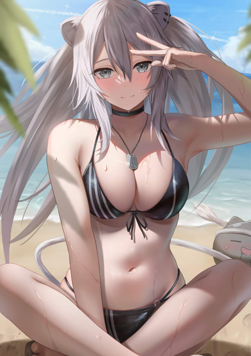 1girls 2023 absurdres alternate_version_at_source animal_ear_piercing animal_ears arm_up beach bikini black_bikini blue_sky blurry breasts closed_mouth crossed_ankles depth_of_field dog_tags fan_mascot_(vtuber) female grey_eyes grey_hair highres hololive hololive_gen_5 hololive_japan indian_style large_breasts leaf lion_ears lion_girl looking_at_viewer navel ocean outdoors sandals shishiro_botan sitting sky smile solo_focus ssrb ssrb_(shishiro_botan) stomach swimsuit tataki_worker virtual_youtuber w water wet