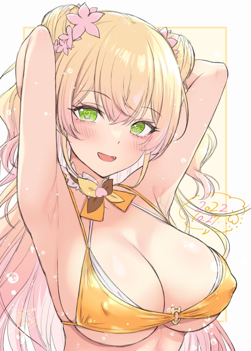 1girls 2022 alternate_costume alto_seneka armpits arms_up bikini blonde_hair breasts cleavage collar double_bun erect_nipples erect_nipples_under_bikini fangs female flower green_eyes hair_between_eyes hair_bun hair_flower hair_ornament heart heart-shaped_pupils highres hololive hololive_gen_5 hololive_japan large_breasts long_hair looking_at_viewer momosuzu_nene multicolored_hair nipple_bulge o-ring o-ring_bikini open_mouth sideboob solo swimsuit symbol-shaped_pupils two_side_up upper_body virtual_youtuber yellow_bikini yellow_bikini_top