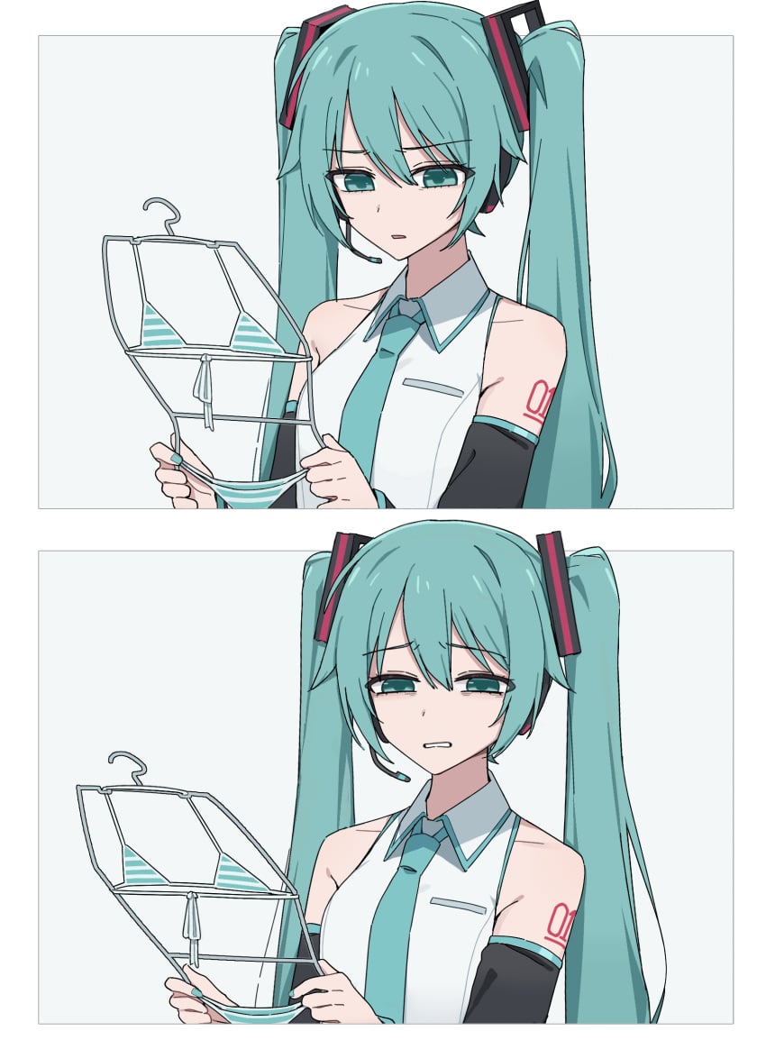 1girls 2koma absurdres aqua_eyes aqua_hair aqua_necktie bikini bikini_removed breasts caststation comic disgust embarrassed fingernails funny girls_reacting_to_bikini_(meme) hatsune_miku headset highres holding_clothes_hanger long_hair looking_at_object looking_at_viewer meme nail_polish necktie shirt silent_comic sleeveless sleeveless_shirt small_breasts striped striped_bikini swimsuit twintails upper_body very_long_hair vocaloid