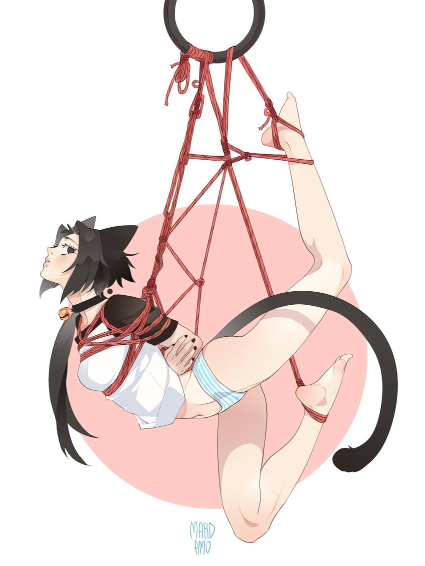 ass black_eyes black_hair bondage cat_ears cat_tail catgirl choker clothing feet female female_focus female_only mard_amo milshoo panties ponytail short_hair small_breasts tied_up topwear youtube youtuber