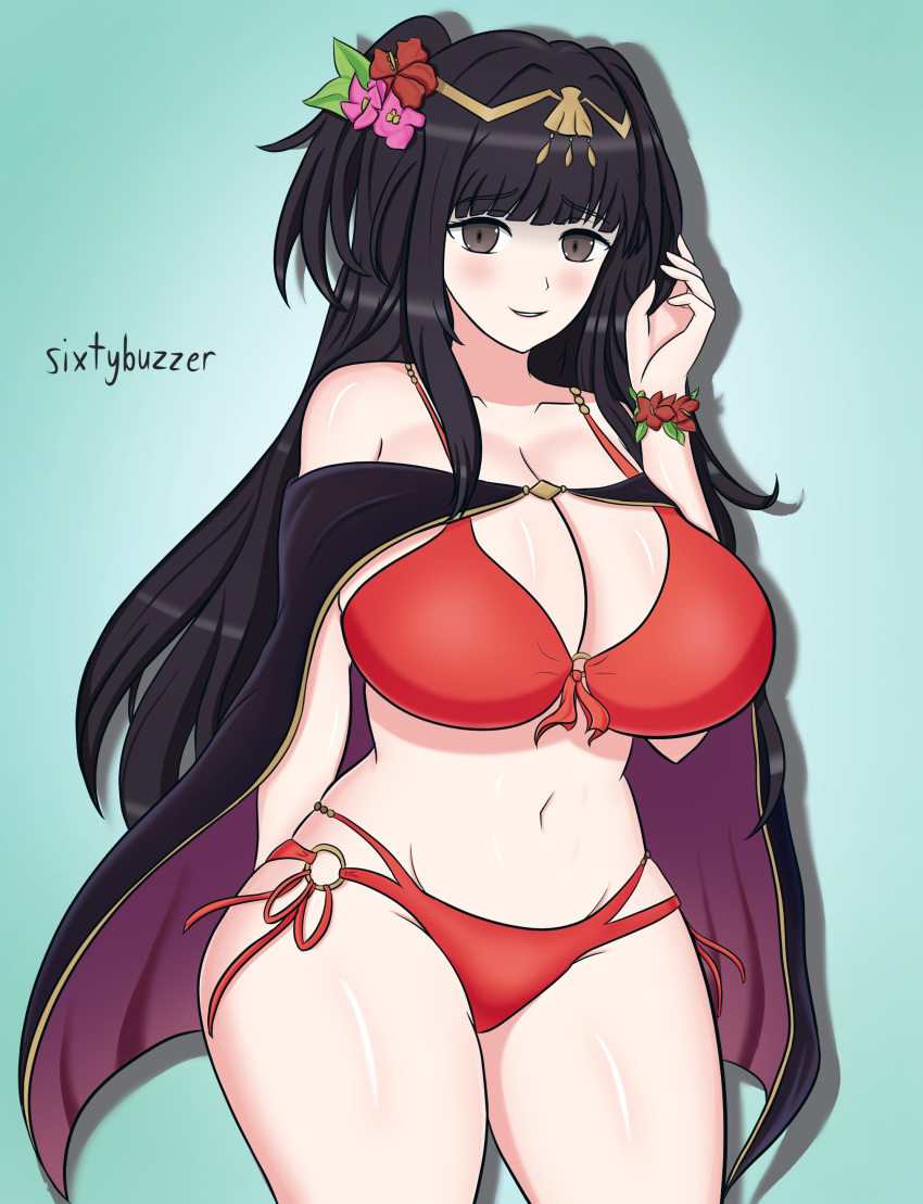 1girls alternate_breast_size alternate_costume bangs bikini black_eyes black_hair breasts cape cleavage female female_only fire_emblem fire_emblem_awakening fire_emblem_heroes large_breasts long_hair nintendo o-ring o-ring_bikini official_alternate_costume open_mouth red_bikini red_swimsuit sixtybuzzer smile solo swimsuit tharja_(fire_emblem) tharja_(summer)_(fire_emblem) very_long_hair