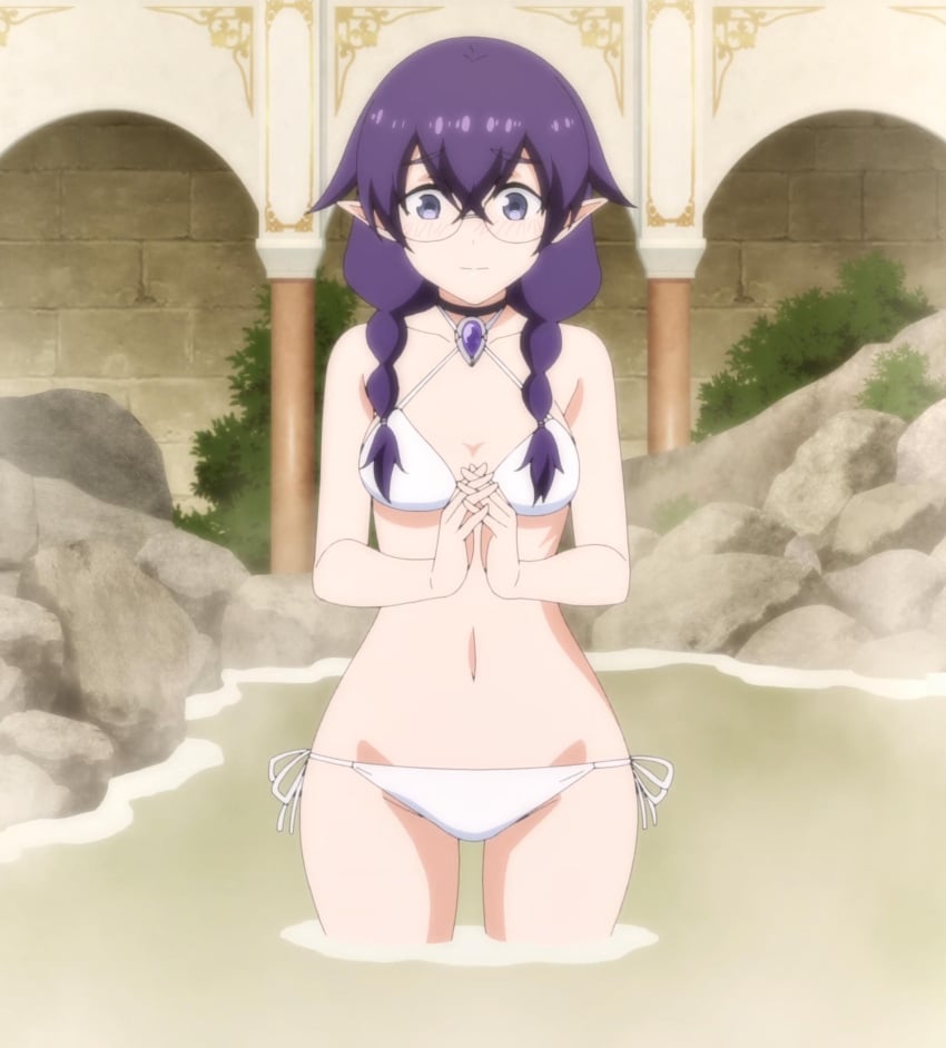 1girls bikini blush breasts classroom_for_heroes glasses hips pointy_ears purple_eyes purple_hair screencap small_breasts swimsuit thick_thighs thighs tummy wide_hips