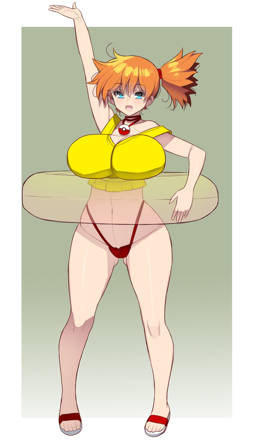 1girls abs ahoge alternate_breast_size aqua_eyes asymmetrical_hair bare_arms bare_legs bare_shoulders blue_eyes blush breasts cleavage cowboy_shot creatures_(company) female female_only game_freak gym_leader hair_between_eyes hands_up highres huge_breasts kasumi_(pokemon) large_breasts legs looking_at_viewer masao midriff navel neck nintendo open_mouth orange_hair outdoors pokemon pokemon_(anime) pokemon_(classic_anime) ponytail sandals shiny_skin shirt short_hair short_ponytail side_ponytail simple_background sleeveless sleeveless_shirt smile solo standing suspenders tank_top thick_thighs thighs thong wide_hips yellow_shirt