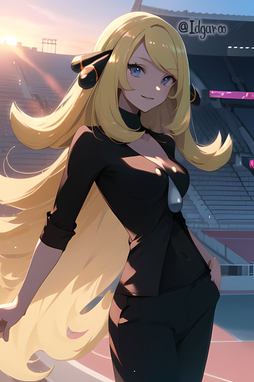 ai_generated black_clothing black_trousers blonde blonde_female blonde_hair blonde_hair_female blue_eyes cynthia_(pokemon) hair_ornament hand_in_pocket idgaroo light_smile long_hair looking_at_viewer nintendo pokemon pokemon_champion stable_diffusion stadium stadium_background sunset