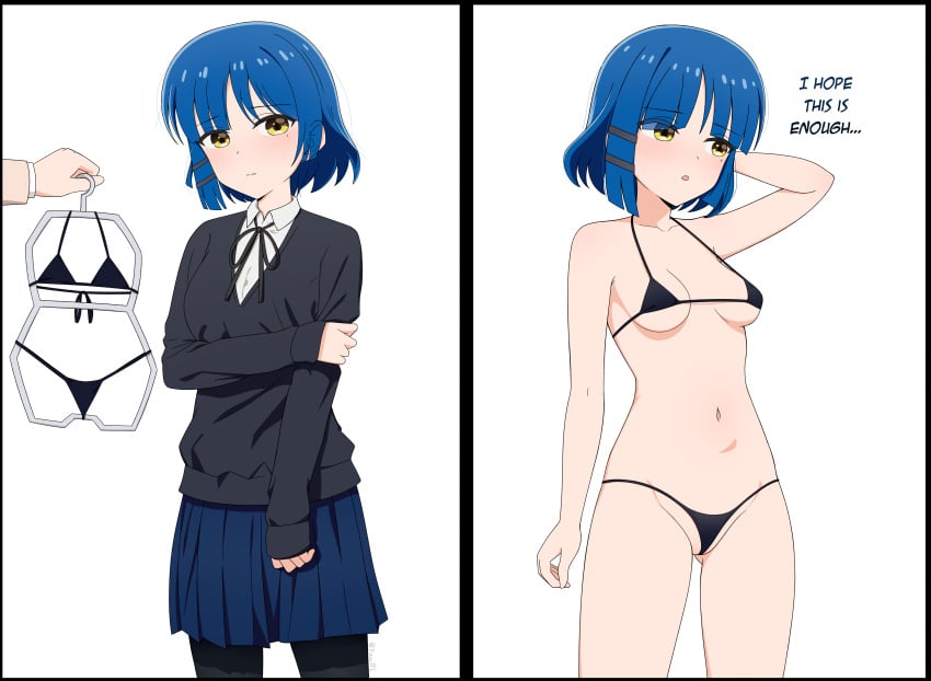 1girls 1other absurdres arm_up bell_haircut bikini black_bikini black_pantyhose black_ribbon black_skirt blue_hair blush bocchi_the_rock! breasts cleavage closed_mouth clothes_hanger clothes_removed collarbone collared_shirt commentary cowboy_shot ears_visible_through_hair embarrassed_clothed_female embarrassed_underwear_female embarrassing_outfit english_text female forced_exposure fully_clothed girls_reacting_to_bikini_(meme) hair_ornament hairclip highres holding_clothes_hanger holding_own_arm long_sleeves looking_at_viewer micro_bikini midriff mole mole_under_eye navel neck_ribbon offscreen_character pantyhose pleated_skirt reluctant revealing_clothes revealing_swimsuit ribbon school_uniform shimokitazawa_high_school_uniform shirt short_hair simple_background skimpy_clothes skirt small_breasts solo solo_focus standing swimsuit text trying_on_clothes undressed white_background white_shirt yamada_ryou yellow_eyes yisusjpl