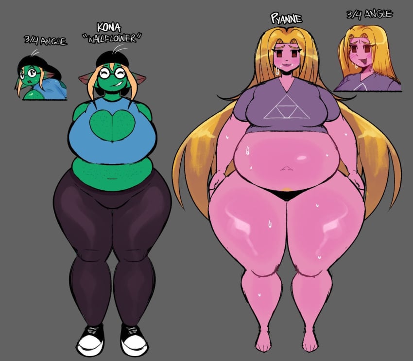 2girl big_belly big_breasts big_thighs blonde_hair chubby chubby_female female female_only freckles glasses green_skin half-dressed kona_(meltstoplock) long_hair meltstoplock model_sheet oc original original_character pink_skin pyane_(meltstoplock) tagme