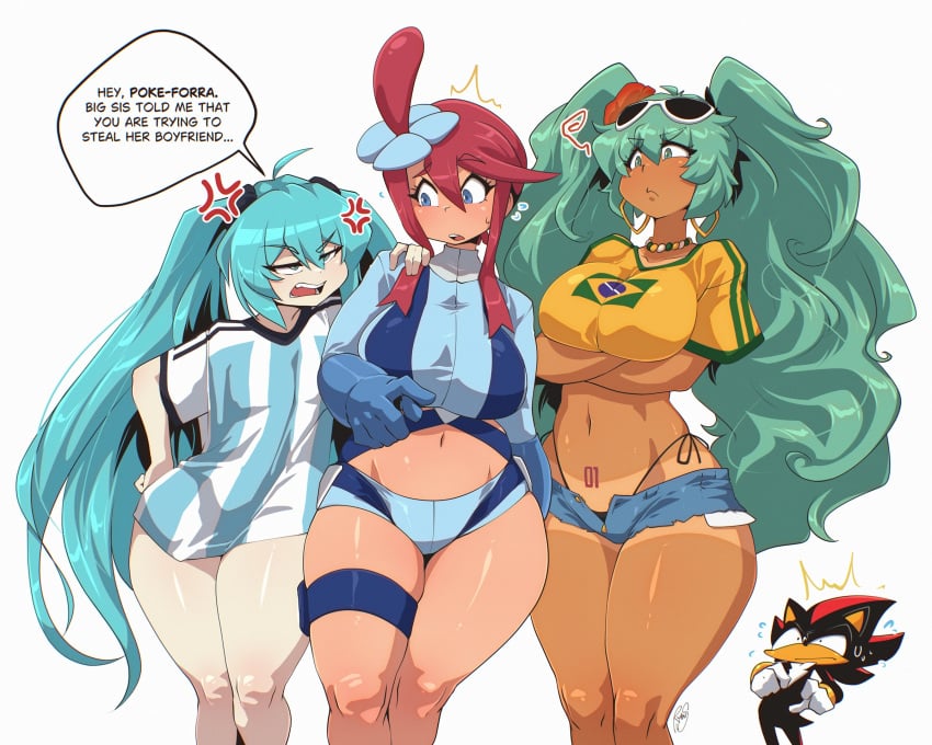 1boy 3girls argentinian argentinian_miku big_breasts brazilian brazilian_female brazilian_miku breasts clothed clothing crossover earrings english_text eyebrows_visible_through_hair fighting_over_boy hatsune_miku i_just_love_latinas_sonic large_breasts latin_american_hatsune_miku_(meme) latina meme navel nintendo pokemon ryou_sakai ryousakai sega shadow_the_hedgehog skyla_(pokemon) sonic_(series) tan tan-skinned_female tan_body tan_skin tanline tanned tanned_skin text thick_thighs vocaloid wide_hips