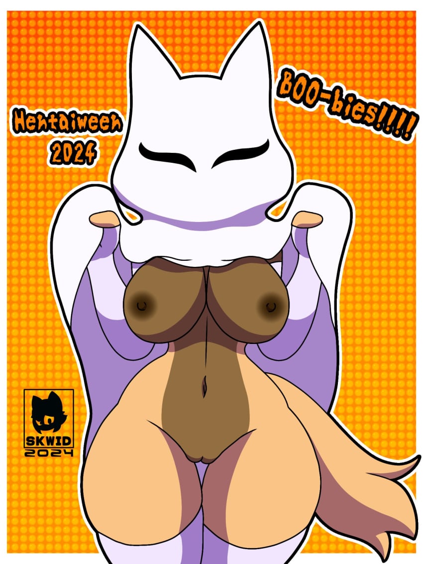 anthro areola big_breasts breasts canid canine canis clothing costume digital_media_(artwork) female fur genitals ghost_costume halloween halloween_costume hi_res holidays idw_publishing looking_at_viewer mammal mostly_nude navel nipples pussy sega simple_background skwid solo sonic_(series) sonic_the_hedgehog_(comics) sonic_the_hedgehog_(idw) sonic_the_hedgehog_(series) standing tail whisper_the_wolf wolf