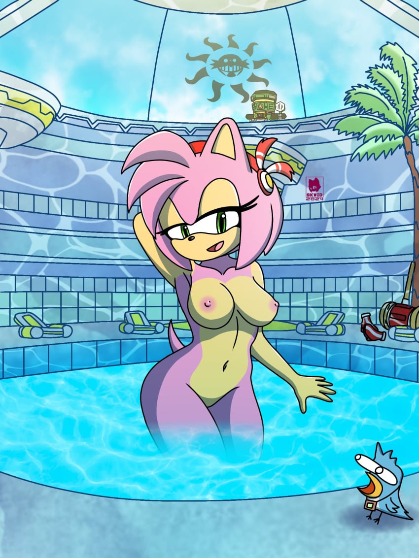 amy_rose anthro areola avian bedroom_eyes bird birdie_(sonic_adventure) breasts digital_media_(artwork) duo eulipotyphlan feathers female fur green_eyes hair hedgehog hi_res mammal narrowed_eyes navel nipples nude open_mouth partially_submerged pink_body pool seductive sega skwid smile sonic_the_hedgehog_(series) standing tail water