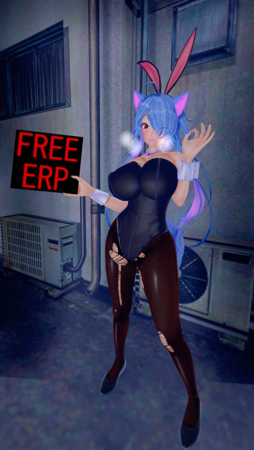 1girl 1girls 3d ahoge alleyway blue_hair bowtie bowtie_collar breasts bunny_ears bunnysuit cat_ears cat_tail catgirl cuffs_(clothing) deluxe_rosie detached_cuffs eyes_visible_through_hair female female_only hips holding_object holding_sign hourglass_figure huge_breasts indie_virtual_youtuber leotard lipstick long_hair looking_at_viewer multicolored_hair nipple_bulge ok_sign outdoors pantyhose parted_lips pink_hair pink_nails ripped_pantyhose rosie_(vtuber) shoes smile solo solo_female standing tail tan-skinned_female tan_body tan_skin thick_thighs thighs thin_waist twintails virtual_youtuber wide_hips wink winking_at_viewer