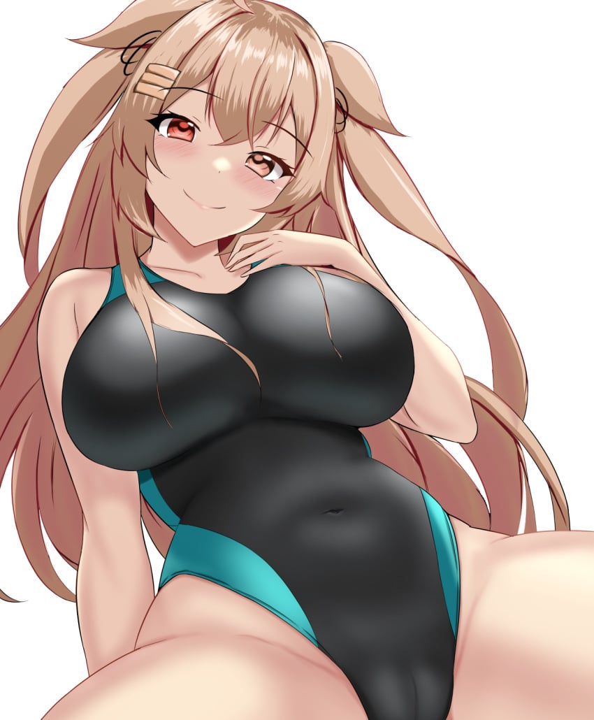 1girls black_one-piece_swimsuit black_ribbon blush breasts brown_eyes cameltoe competition_swimsuit covered_navel cowboy_shot female female_only hair_between_eyes hair_flaps hair_ornament hair_ribbon hairclip hand_on_own_chest heterochromia highres huge_breasts impossible_clothes impossible_swimsuit kantai_collection large_breasts light_brown_hair long_hair looking_at_viewer montemasa murasame_(kantai_collection) murasame_kai_ni_(kantai_collection) one-hour_drawing_challenge one-piece_swimsuit red_eyes ribbon smile solo solo_female swimsuit two-tone_swimsuit two_side_up white_background