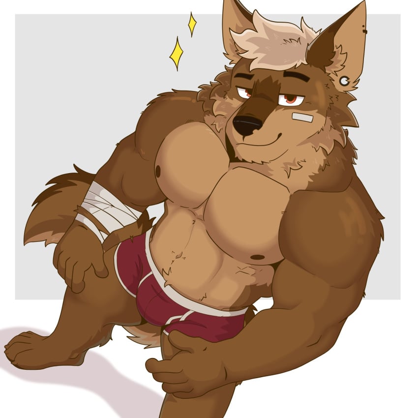 5_fingers 5_toes areola bandage bezzeroo bulge bulge_through_clothing furry gay hi_res looking_at_viewer male_only muscular muscular_male nipples pecs piercing snout solo sparkles tail tuft tufted_ears underwear