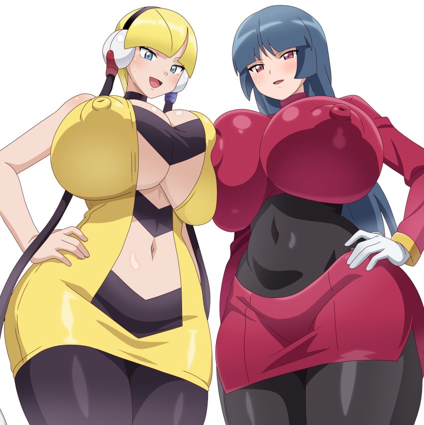 1:1_aspect_ratio 2girls :d alternative_bust_size asymmetrical_docking bangs bare_arms black_bodysuit black_choker black_hair black_legwear blonde_hair blue_eyes blue_hair blunt_bangs blush bodily_fluids bodysuit breast-to-breast breast_press breasts choker cleavage clothing covered_erect_nipples covered_navel cowboy_shot creatures_inc. curvaceous elesa_(pokemon) erect_nipples female female_only game_freak gloves gym_leader hand_on_hip headphones high_resolution hime_cut hitokiwa_kenchin huge_breasts jacket large_breasts legwear long_hair long_sleeves looking_at_viewer multiple_girls navel nintendo nipples open-mouth_smile open_mouth pantyhose pokemon pokemon_(game) pokemon_character pokemon_diamond_pearl_&amp;_platinum pokemon_red_green_blue_&amp;_yellow red_eyes red_jacket red_skirt sabrina_(pokemon) shiny short_hair simple_background skirt sleeveless smile standing sweat sweatdrop thick_thighs thighs tied_hair underboob very_high_resolution very_long_hair white_background white_gloves wide_hips yellow_skirt