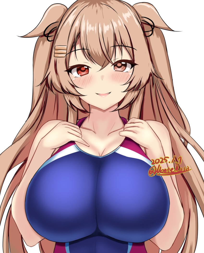 1girls blue_one-piece_swimsuit blush breasts brown_eyes brown_hair collarbone competition_swimsuit dated female female_only hair_between_eyes hair_ornament hairclip heterochromia highres huge_breasts kantai_collection large_breasts long_hair looking_at_viewer montemasa murasame_(kantai_collection) one-piece_swimsuit red_eyes sidelocks signature simple_background smile solo solo_female swimsuit upper_body white_background