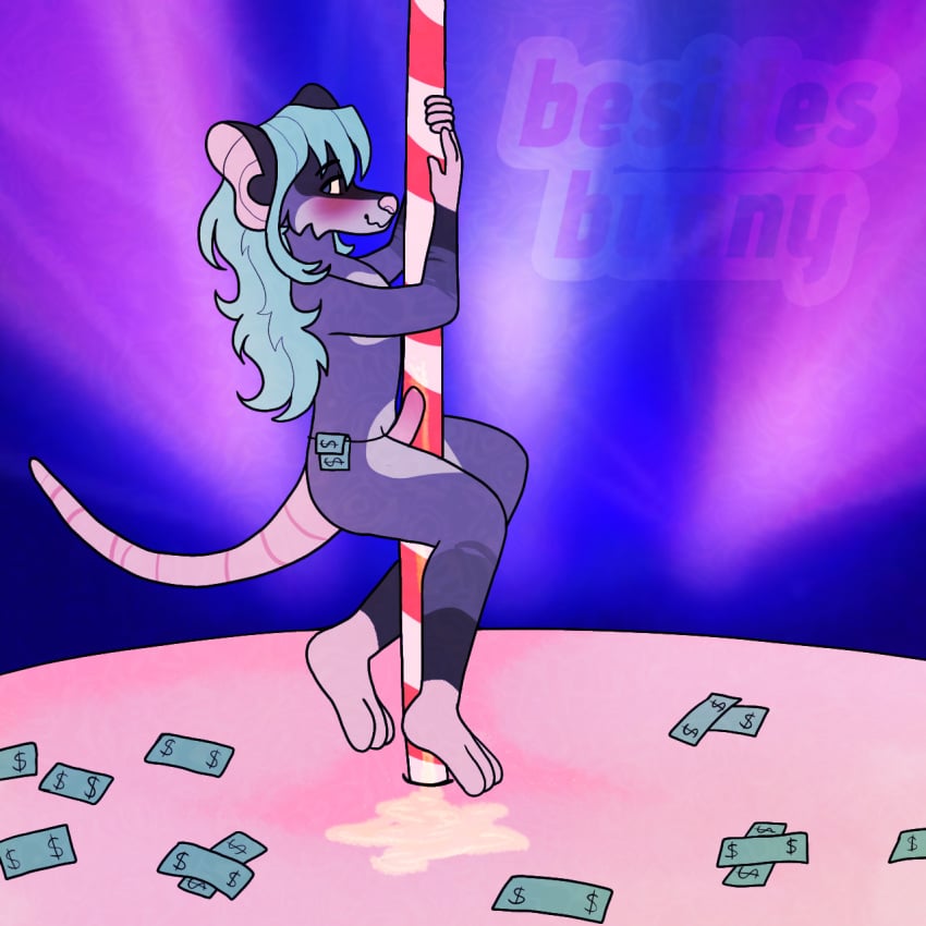 1:1 2024 3_toes accident american_opossum animal_humanoid anthro ass besidesbunny biped blue_eyes blue_hair blush bodily_fluids clothed clothing colored dancing digital_drawing_(artwork) digital_media_(artwork) embarrassed english_description erection feet femboy fur g-string genital_fluids genitals grey_body grey_fur hair hi_res humanoid long_hair looking_at_viewer looking_back male mammal mammal_humanoid marsupial marsupial_humanoid panties peeing penis pole pole_dancing rodent_tail round_ears shy side_view simple_background smile solo solo_focus stripper stripper_pole tail theo_(besidesbunny) toes underwear underwear_only urine urine_on_self urine_pool urine_stream watersports wetting