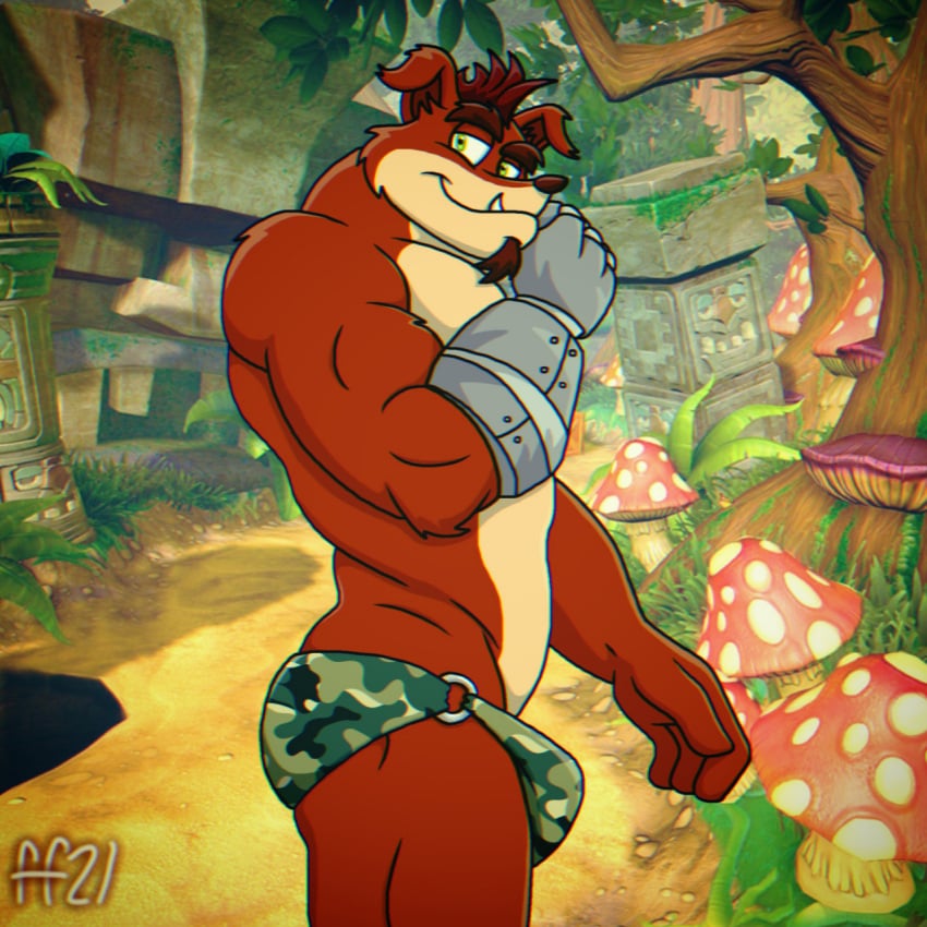 1boy 2020s 2021 3d_background anthro ass bandicoot bara briefs bulge camo_print chin_tuft crash_(series) crash_bandicoot:_n-sane_trilogy crunch_bandicoot dated fabfelipe fangs glitch green_eyes male male_only marsupial muscular robotic_arm screencap_background solo underwear video_games