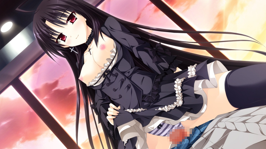 black_hair breasts censored female game_cg karasuma_shizuku kimishima_ao long_hair nipples otome_ga_tsumugu_koi_no_canvas panties penis red_eyes skirt skirt_lift striped striped_panties thighhighs underwear