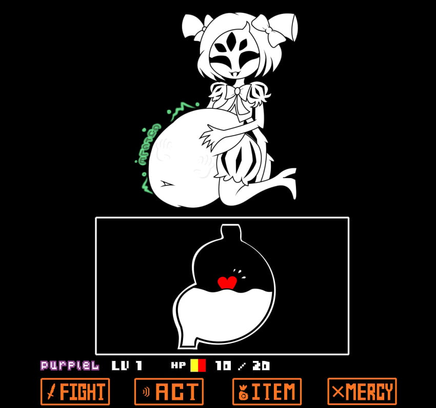 5_eyes [[heart_shaped_object]] belly big_belly black_and_white digestion digestion_noises game_mechanics hand_on_belly muffet on_knees purplel soul spider_girl undertale undertale_(series) vore vore_belly