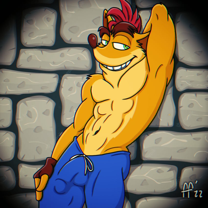 1boy 2020s 2022 anthro bandicoot bulge crash_(series) crash_bandicoot crash_bandicoot_4:_it's_about_time dated fabfelipe fingerless_gloves green_eyes male male_only marsupial muscular one_arm_up penis_outline red_hair shorts solo tan_fur tight_clothing video_games