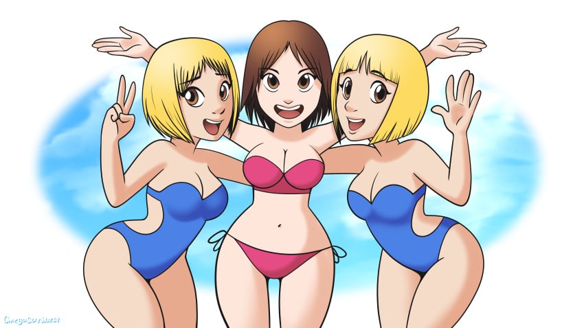 3girls bikini bikini_bottom bikini_top blonde_female blonde_hair breasts brown_eyes brown_hair cleavage hi_res hips navel omegasunburst one-piece_swimsuit pool_girls_(sonic_adventure) sonic_(series) sonic_adventure sonic_the_hedgehog_(series) swimsuit thighs