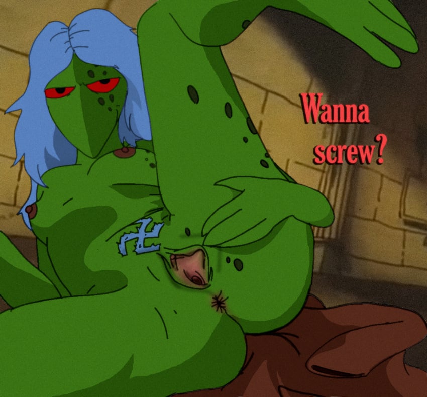 1girls 3_toes 4_fingers anthro anus blue_hair blue_pubic_hair brown_clothing clothes_on_floor dark_nipples freckles fritz_the_cat furry green_body green_skin hi_res inviting_to_sex leg_up lizard lizard_girl lizard_leader nipples presenting presenting_pussy pubic_hair pussy ralph_bakshi red_eyes red_text reptile reptile_humanoid scalie sitting_on_floor smirk solo spread_legs spread_pussy spreading swastika talking_to_viewer text trimmed_pubic_hair