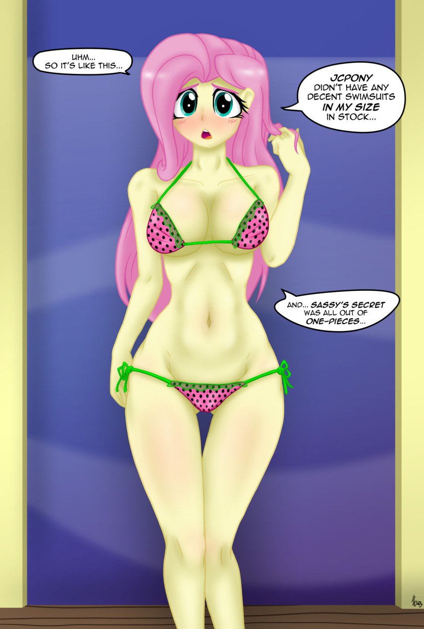 1girls big_breasts bikini bikini_bottom bikini_bottom_only bikini_only bikini_top bikini_top_only breasts english_text equestria_girls female female_only female_solo fluttershy_(eg) fluttershy_(mlp) friendship_is_magic hasbro my_little_pony navel solo solo_female solo_only text