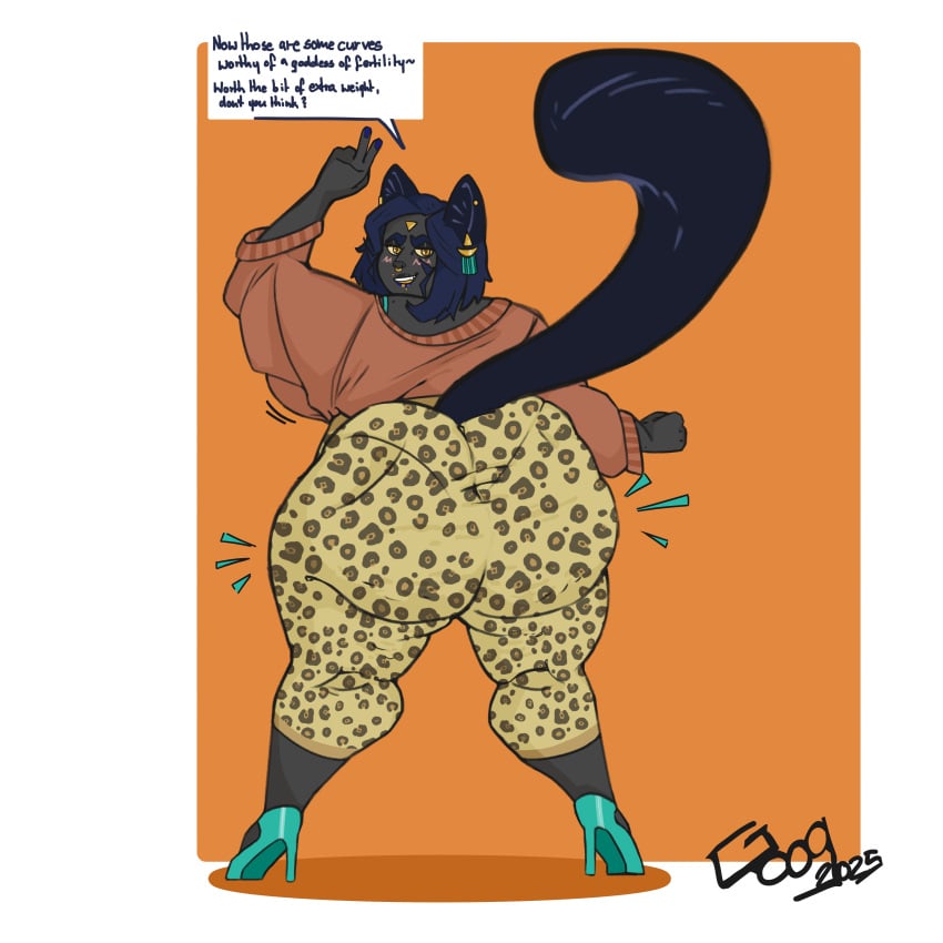 ass bast bastet big_ass cat_ears cat_girl cat_humanoid cat_tail catgirl fat fat_ass female grey_skin huge_ass huge_butt leggings leopard_print pantylines text